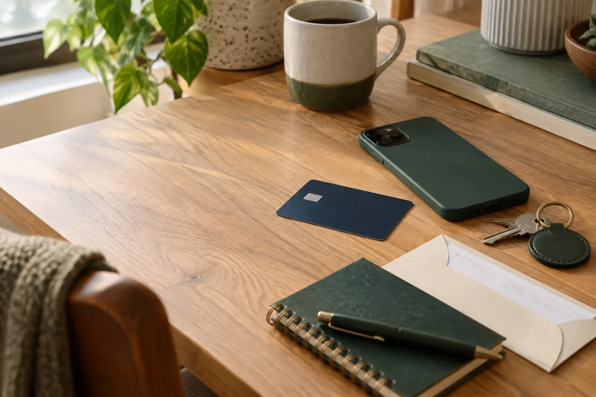 A bank card, phone, keys, and notebook arranged on a table
