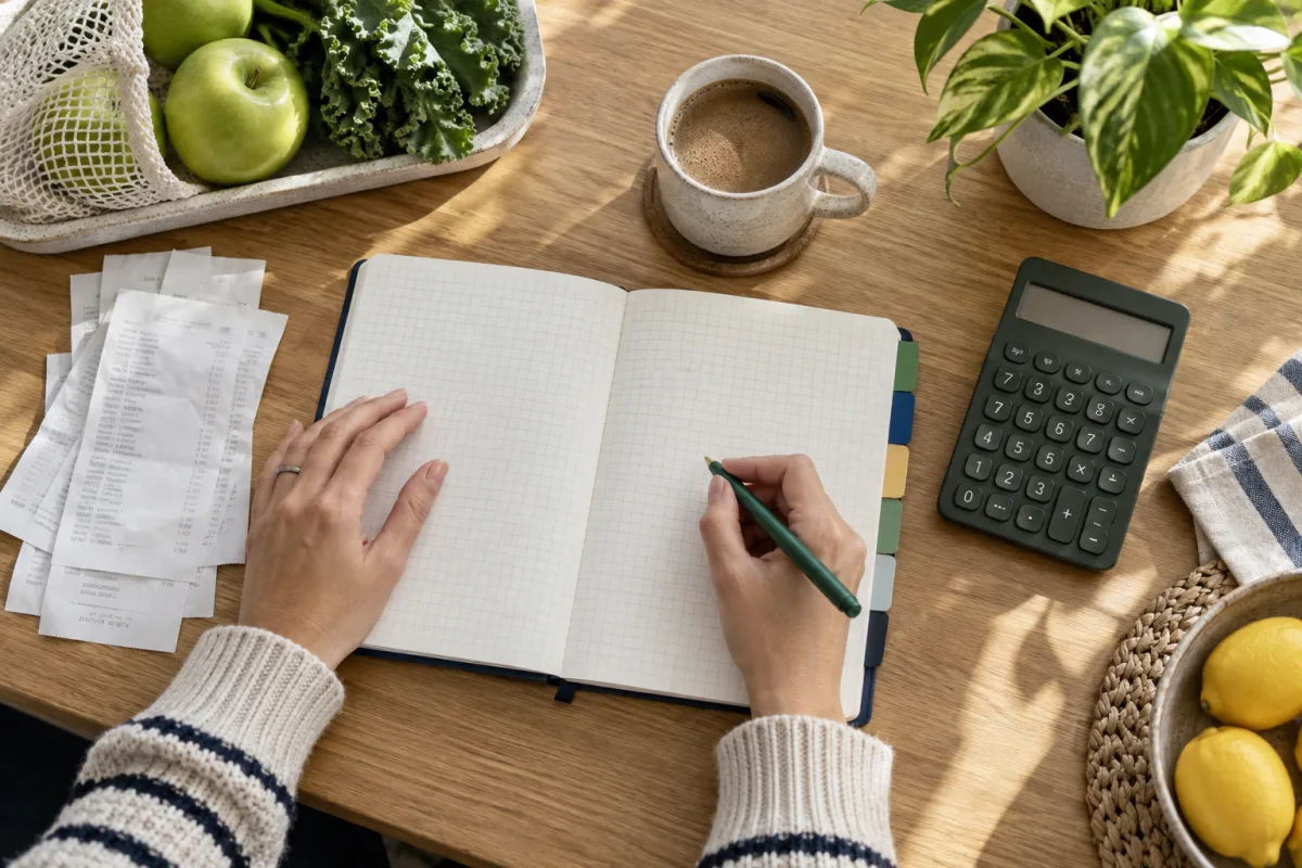 Hands recording a household budget beside receipts and a calculator