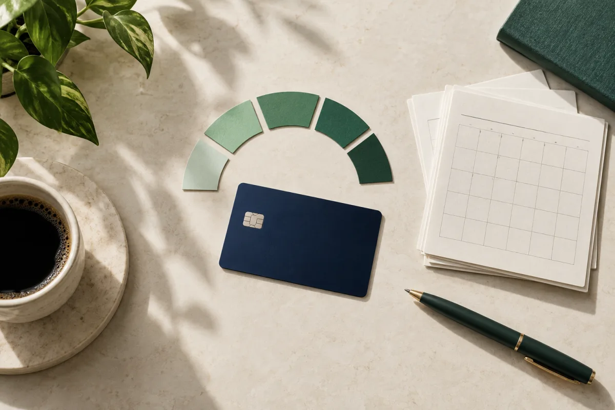 A bank card beside a paper credit gauge, calendar, and pen