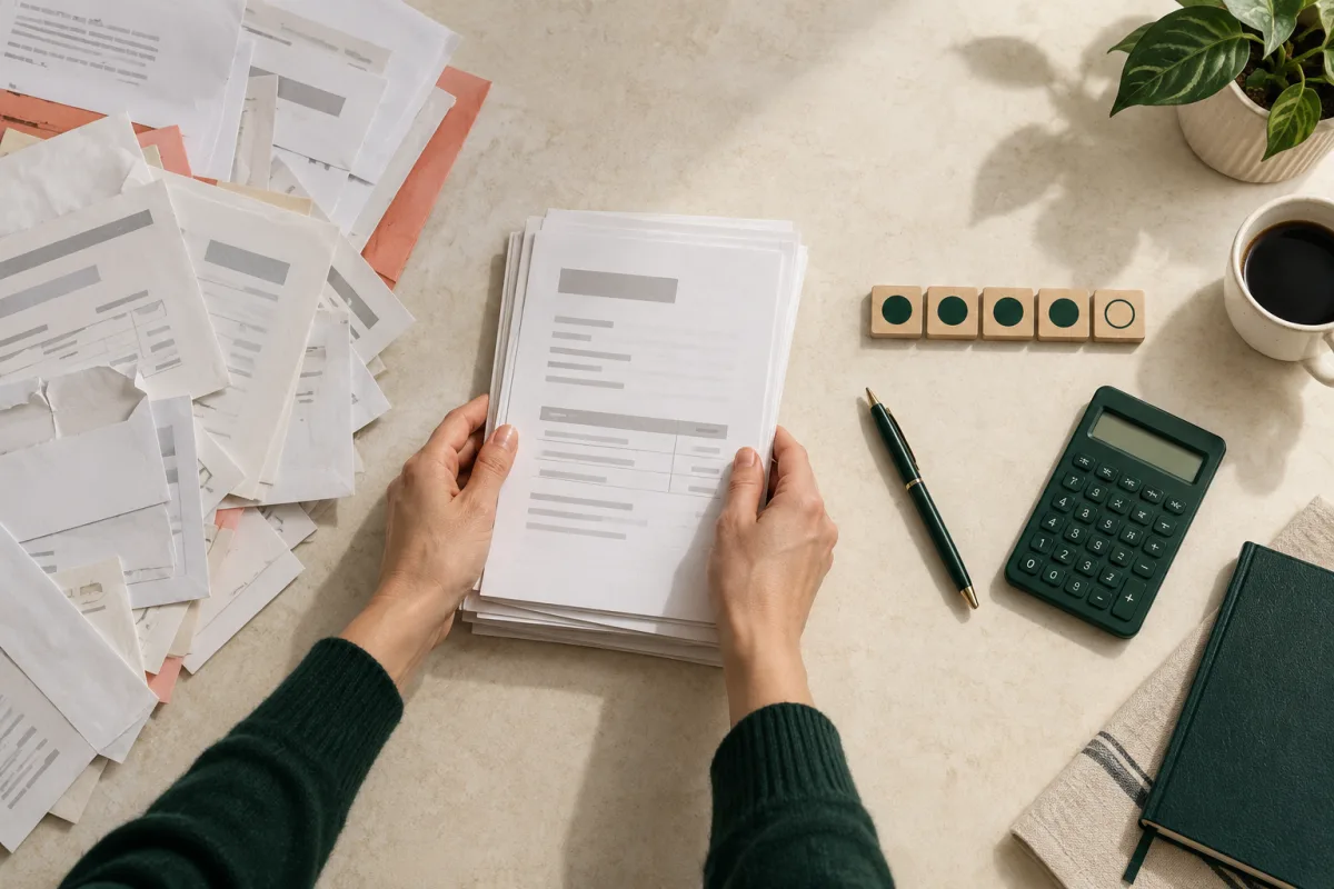 Hands organizing bills beside a calculator and payoff markers