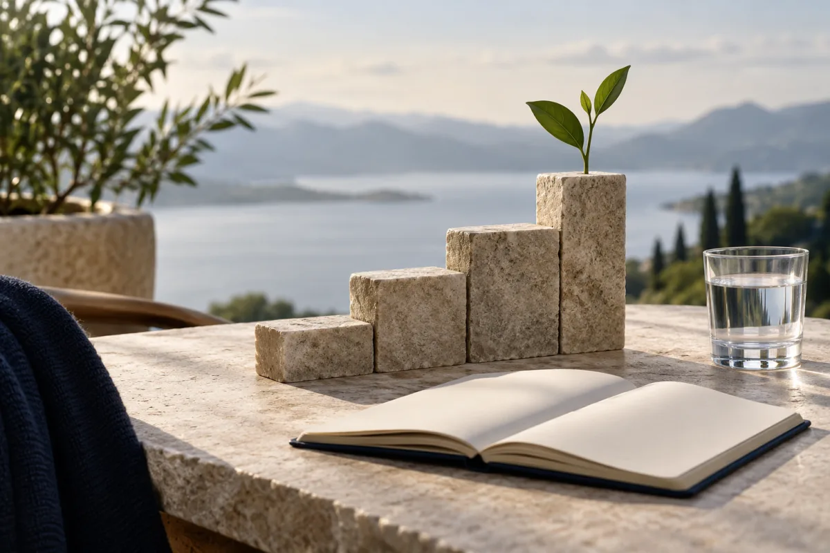 Stone steps rising toward a seedling beside an open notebook