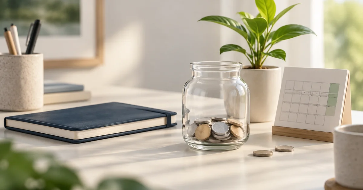 A glass savings jar with coins beside a calendar and notebook