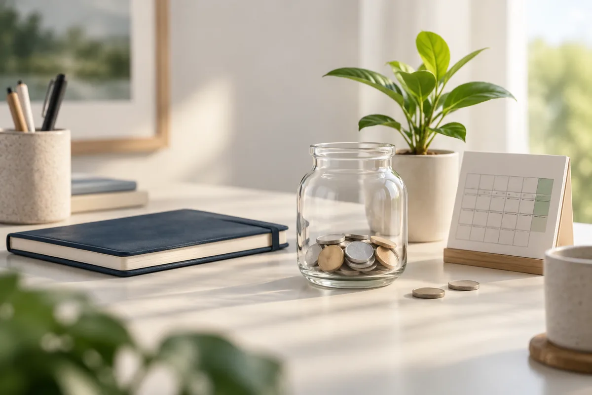 A glass savings jar with coins beside a calendar and notebook